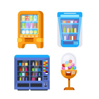 Bir mağazada veya alışveriş merkezinde satılık yiyecek ve içecek sunan renkli otomatlar..