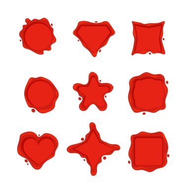 Çember, kare, yıldız, kalp ve kalkan gibi dokuz farklı kırmızı balmumu fok şeklindeki koleksiyon, beyaz üzerine izole edilmiş..