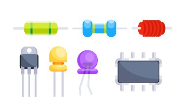 Beyaz arka plan gösterimindeki elektronik bileşenler dirençlerden transistörlere kadar karmaşık teknoloji ve devreler içeriyor. Hayati parçalar dijital dünyamıza güç veriyor..