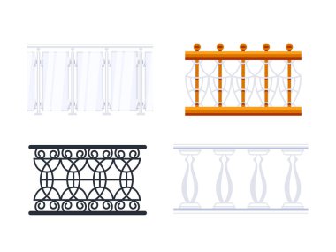 Balkon korkulukları düz stil kullanılarak farklı tasarım ve materyalleri gösteriyor.