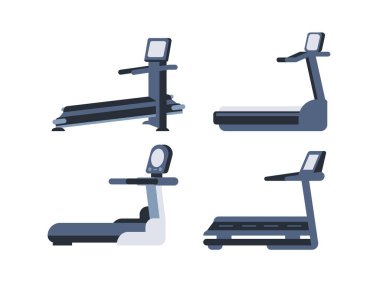 Koşu bandı çizgi film seti. Spor aletleri. Koşu bandı makinesi