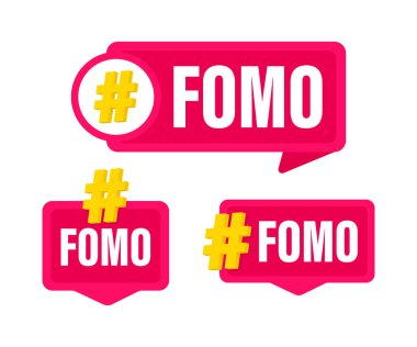 Üzerinde etiket sembolü olan üç pembe konuşma balonu konsepti kaybetme korkusunu temsil ediyor.