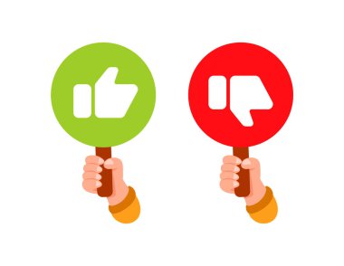 Oy vermek ya da geri bildirim yapmak için başparmakları yukarı ve aşağı olan yeşil ve kırmızı yuvarlak tabelaları tutan iki el