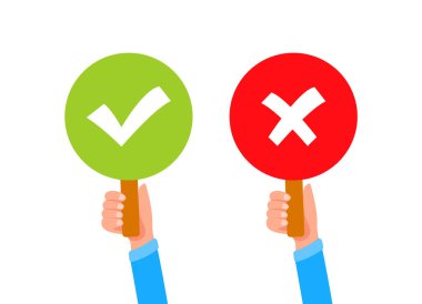 Ellerinde işaretli yeşil bir işaret ve işaretli kırmızı bir tabela var.