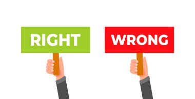 İşadamı elleri doğru ve yanlış tabelaları tutuyor. Pankartlar beyaz üzerine izole edilmiş.