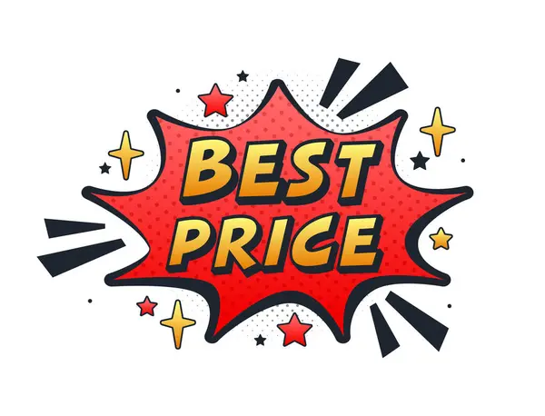 Çizgi roman tarzı reklam sloganı kırmızı konuşma balonunda en iyi fiyatı ilan ediyor.