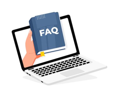 Çevrimiçi faq kavramı ile bir el tutarak kitap sıklıkla sorulan sorular bir dizüstü bilgisayar ekranından geliyor