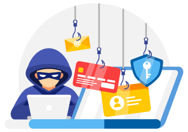 Siber güvenlik konsepti illüstrasyonunda sahte kancalı bir hacker e-posta, kredi kartı ve güvenli veri hedefliyor..