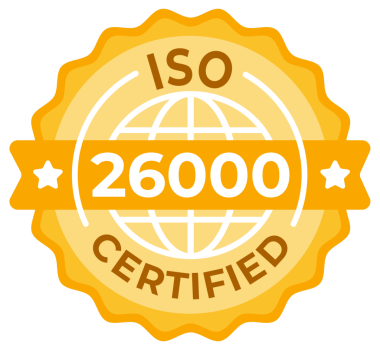 ISO 26000 Sertifikalı Rozet Tasarımı - Sosyal sorumluluk ve etik iş uygulamalarının standartlarını gösteren grafik bir mühür.