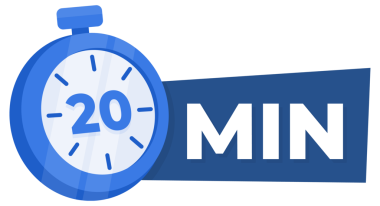 Zaman Yönetimi ve Üretim Konsepti için 20 Dakika Geri sayım Simgesi Mavi Kronometre.