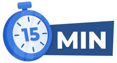 Zaman Yönetimi ve Üretim Konsepti için 15 Dakika Geri sayım Simgesi Mavi Kronometre.