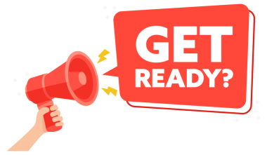 Hazırlanmak ve Beklemek için Hazır Metin Çağrısı ile Kırmızı Megafon Grafiği Vuruyor.