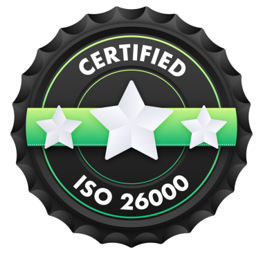 ISO 26000 standart sertifika rozeti. Kalite kontrolü. Uluslararası Standartlaştırma Örgütü. resimleme.