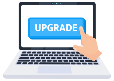 Dizüstü bilgisayarın yükseltme tuşuna basan el işaretçisi. resimleme.