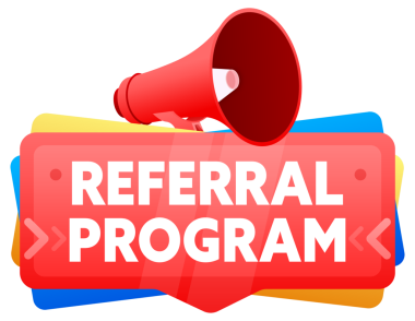 Sevk programı. Bir arkadaşa atıfta bulun. Üzerinde megafon bayrağı olan rozet, etiket. Pazarlama ve reklam. resimleme.