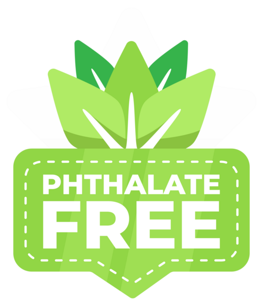 Green badge with a leaf design indicating a product is free from phthalates for health safety.