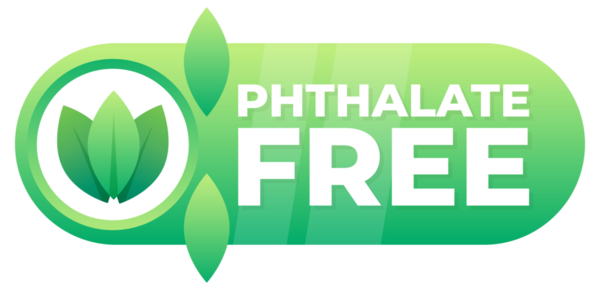 Green badge with a leaf design indicating a product is free from phthalates for health safety.