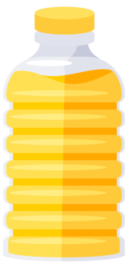 Beyaz arka planda farklı şişeler ve yağ dolu sürahiler sergileniyor..