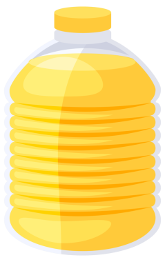 Beyaz arka planda farklı şişeler ve yağ dolu sürahiler sergileniyor..