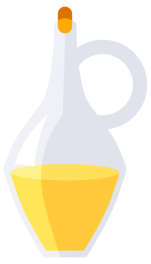 Beyaz arka planda farklı şişeler ve yağ dolu sürahiler sergileniyor..