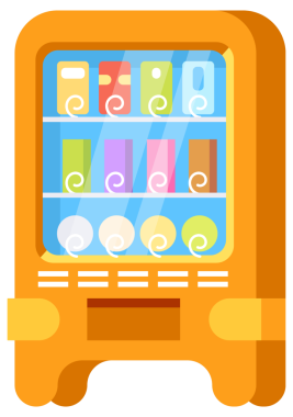 Bir mağazada veya alışveriş merkezinde satılık yiyecek ve içecek sunan renkli otomatlar..