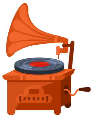 Siyah plak plaklarıyla müzik çalan dört eşsiz antika gramofon, beyaz, kahverengi, turuncu, sarı, kırmızı ve mor tonlarda nostalji ve klasik cazibe yayıyor..