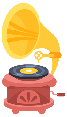 Siyah plak plaklarıyla müzik çalan dört eşsiz antika gramofon, beyaz, kahverengi, turuncu, sarı, kırmızı ve mor tonlarda nostalji ve klasik cazibe yayıyor..