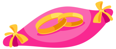 Altın alyansların içi ve dışı açık kırmızı ve pembe kutularla çevrili..