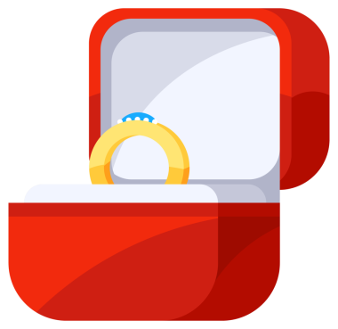 Altın alyansların içi ve dışı açık kırmızı ve pembe kutularla çevrili..