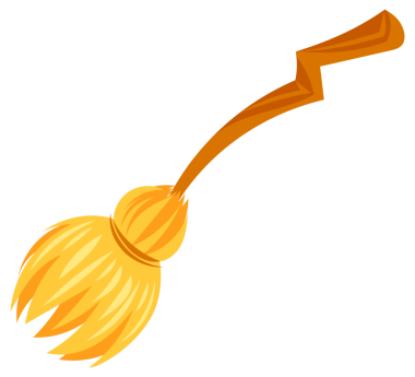 Ahşap ve plastik saplı dört karikatür cadı süpürgesi, yeni ve kullanılmış, dik duruyor, beyaz üzerine izole edilmiş.