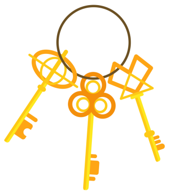 Üç farklı altın anahtar beyaz arka planda bir yüzükte asılı.