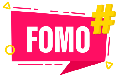 Pembe pankart, kısaltma Fomo 'yu gösteriyor. Bu da sarı bir hashtag sembolü ile kaçırılma korkusu anlamına geliyor.