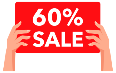 Dört el kırmızı tabela tutuyor. Farklı arka planlarda yüzde 60 indirim var.