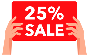 Dört el farklı kırmızı tabelalar taşıyor ve alışveriş için yüzde 25 indirim önerileri var.