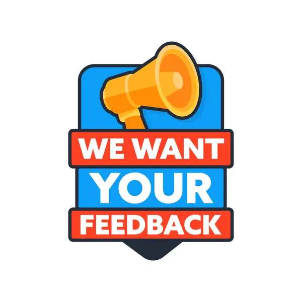 Megafon, kırmızı çizgili mavi rozet ve anketler ve müşteri hizmetleri için ideal geri bildirim istiyor.