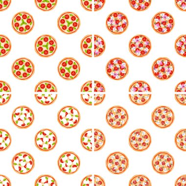 Mantar, domates, mozzarella, pepperoni ve fesleğen de dahil olmak üzere farklı pizza malzemeleriyle kusursuz desen beyaz arka planda dinleniyor.