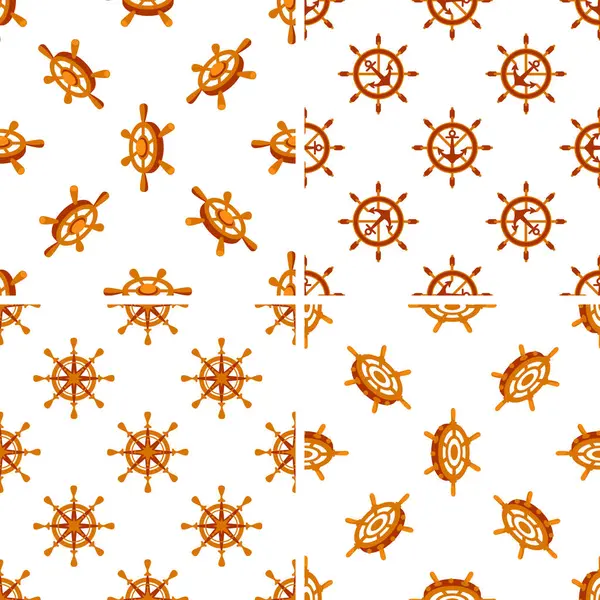 Gemi tekerlekleri ve çapaları olan kusursuz desenler, beyaz arka planda tekrarlanan deniz sembolleri, vektör illüstrasyonu