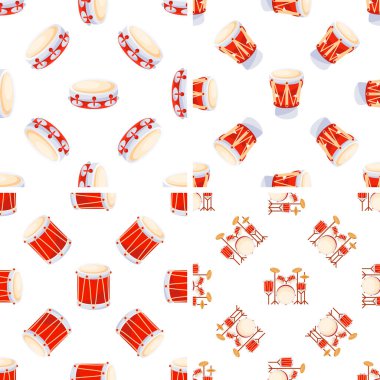 Kırmızı bateri ve davul setleriyle kusursuz desenler, beyaz arkaplanda tekrarlanan perküsyon araçları, müzik temalı tasarımlar için ideal