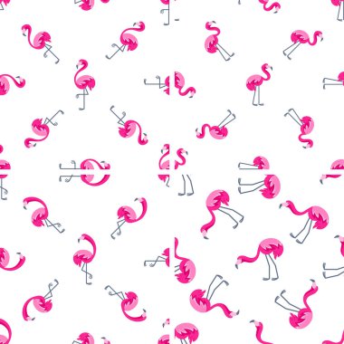 Çeşitli pozlarda komik pembe flamingolarla kusursuz desen, yaz temalı tasarımlar için ideal.