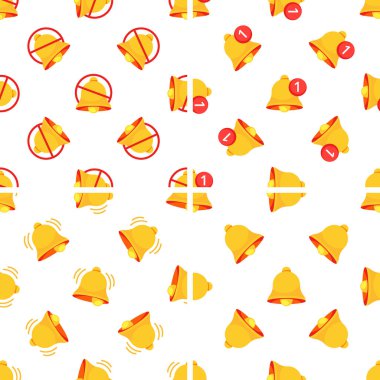 Bildirim çanları çalan ve uyarı çanları beyaz arka planda susturulan kusursuz desen, web siteleri veya sosyal medya için ideal