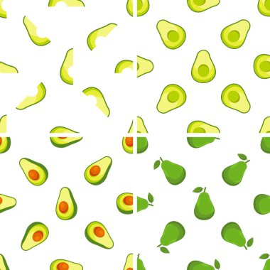 Avokadoların bembeyaz bir arka planda hem tam hem de yarı yarıya çeşitli tasvirlerini içeren kusursuz desenler.