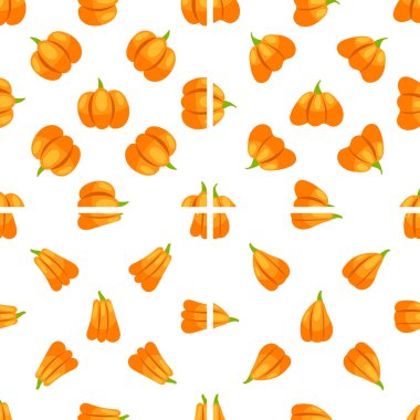 Balkabaklarıyla kusursuz desen, bütün, yarı yarıya, beyaz arkaplan üzerinde dönen, ambalaj kağıdı veya ambalaj kağıdı için ideal