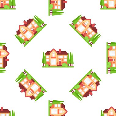 Yeşillik bir bahçe ve yükselen ağaçların arasına kurulmuş büyüleyici bir banliyö evi, sıcak ve davetkar bir mahalle atmosferini çağrıştıran kusursuz bir desen.