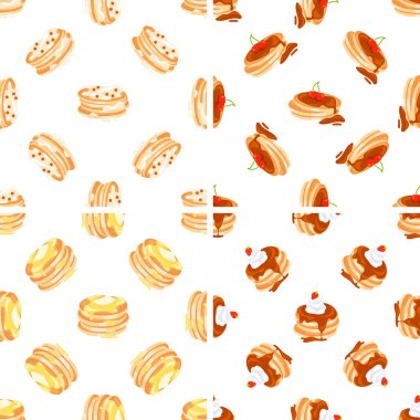 Çikolatalı, çırpılmış kremalı, vişneli ve beyaz arkaplanlı krepli kusursuz desen.