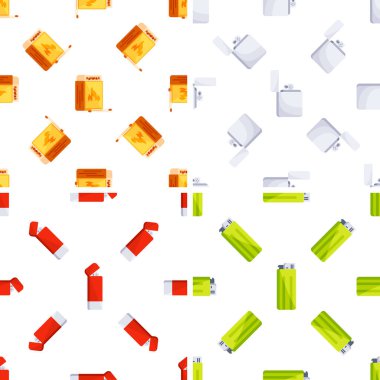 Renkli çakmak ve kibrit kutularıyla kusursuz desen grafik tasarımı, web siteleri ve sosyal medya paylaşımları için yangın başlatma araçlarını temsil ediyor