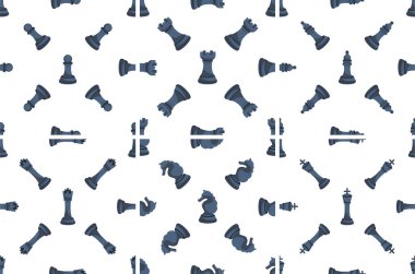 Beyaz zemin üzerinde çeşitli koyu mavi satranç taşları içeren kusursuz desen, strateji, oyunlar ve rekabetle ilgili projeler için ideal