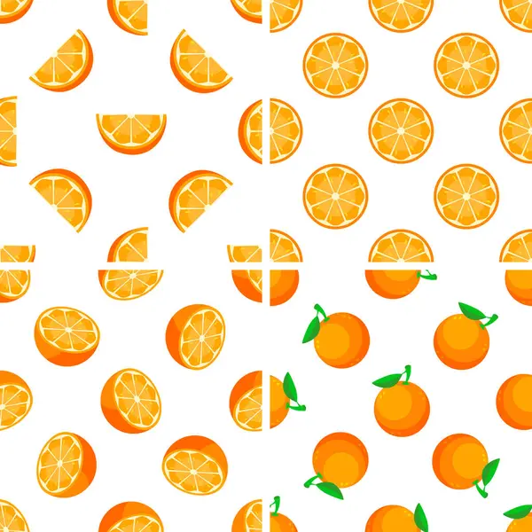 Portakalların çeşitli betimlemelerini gösteren dört kusursuz desen, tam meyve, yarımlar ve dilimler, temiz beyaz bir arkaplana karşı dizilmiş.