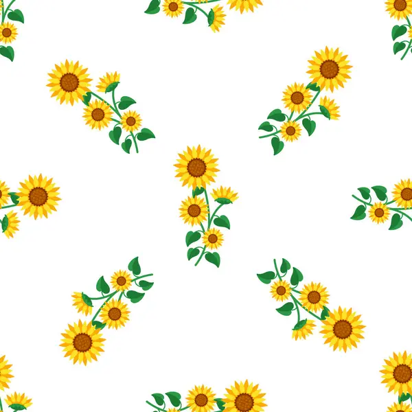 Eğri sapta büyüyen ayçiçekli kusursuz desen beyaz arka planda yeşil yapraklar, tekstil tasarımı, ambalaj, paketleme, yapıştırma kitabı için ideal