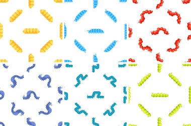 Çeşitli pozlarda renkli tırtıllar içeren kusursuz desenler, çocukların tekstil, duvar kağıdı veya diğer tasarım projeleri için idealdir.