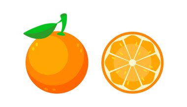 Olgun turuncu yaprak ve bir dilim portakal sulu hamuru gösteriyor, beyaz arka planda izole edilmiş.